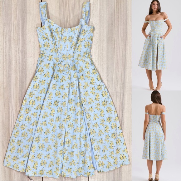 House of CB Saira Floral Lace-Up Corset Cocktail Dress in soft blue | Size M - Picture 2 of 12